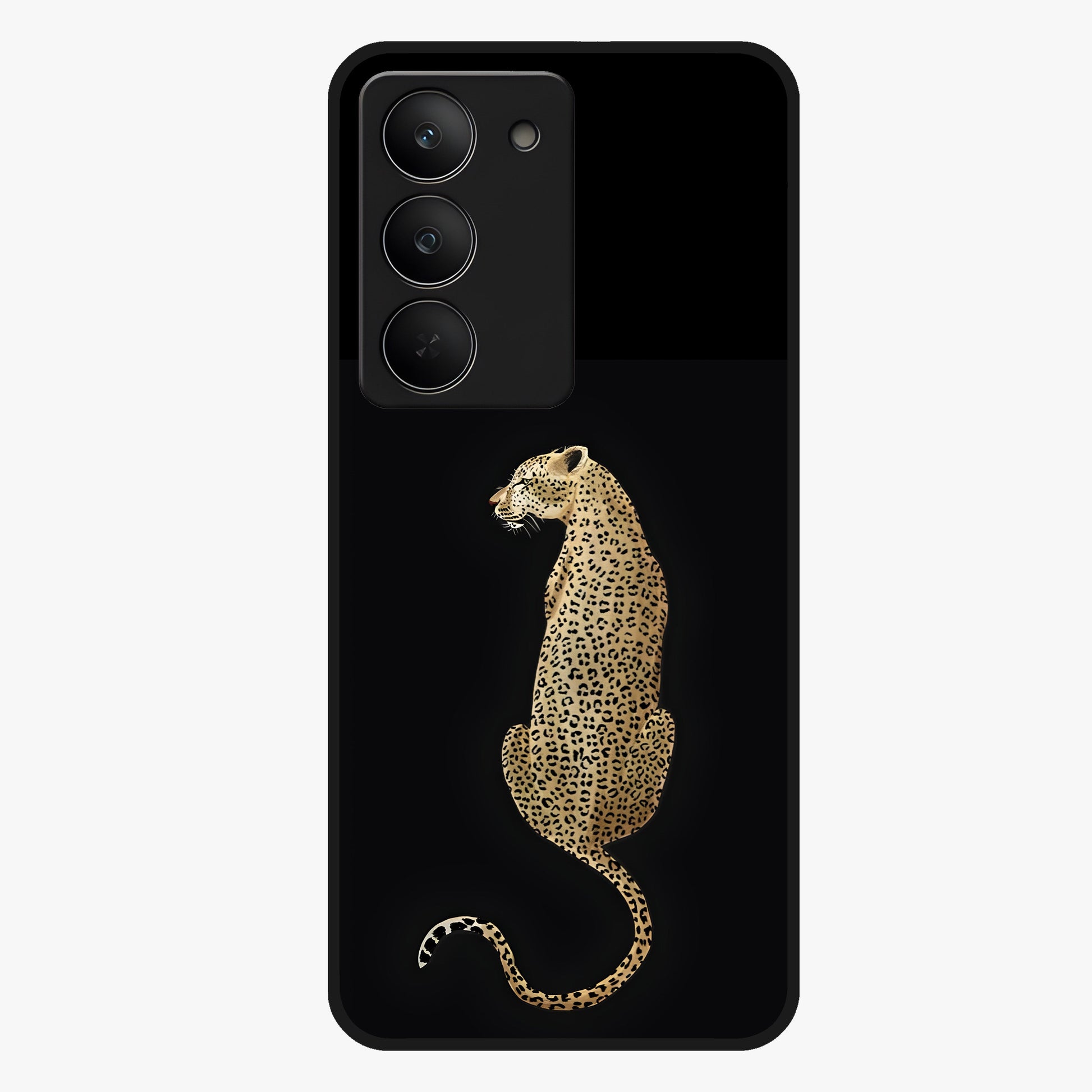 Regal Leopard Glass Case showing flat back view with bold leopard artwork and glossy glass finish.