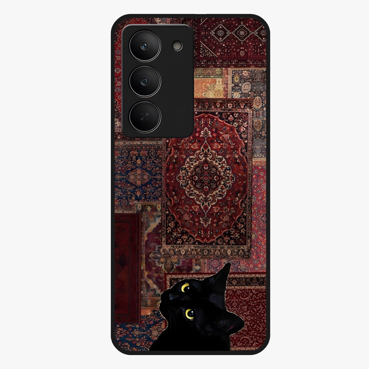 Regal Magic Cat Apple Glass Case showing flat back view with magical cat artwork holding apple and glossy glass finish.