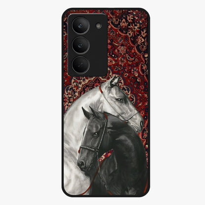 Regal Stallion Tapestry Glass Case showing flat back view with majestic horse tapestry artwork and glossy glass finish.