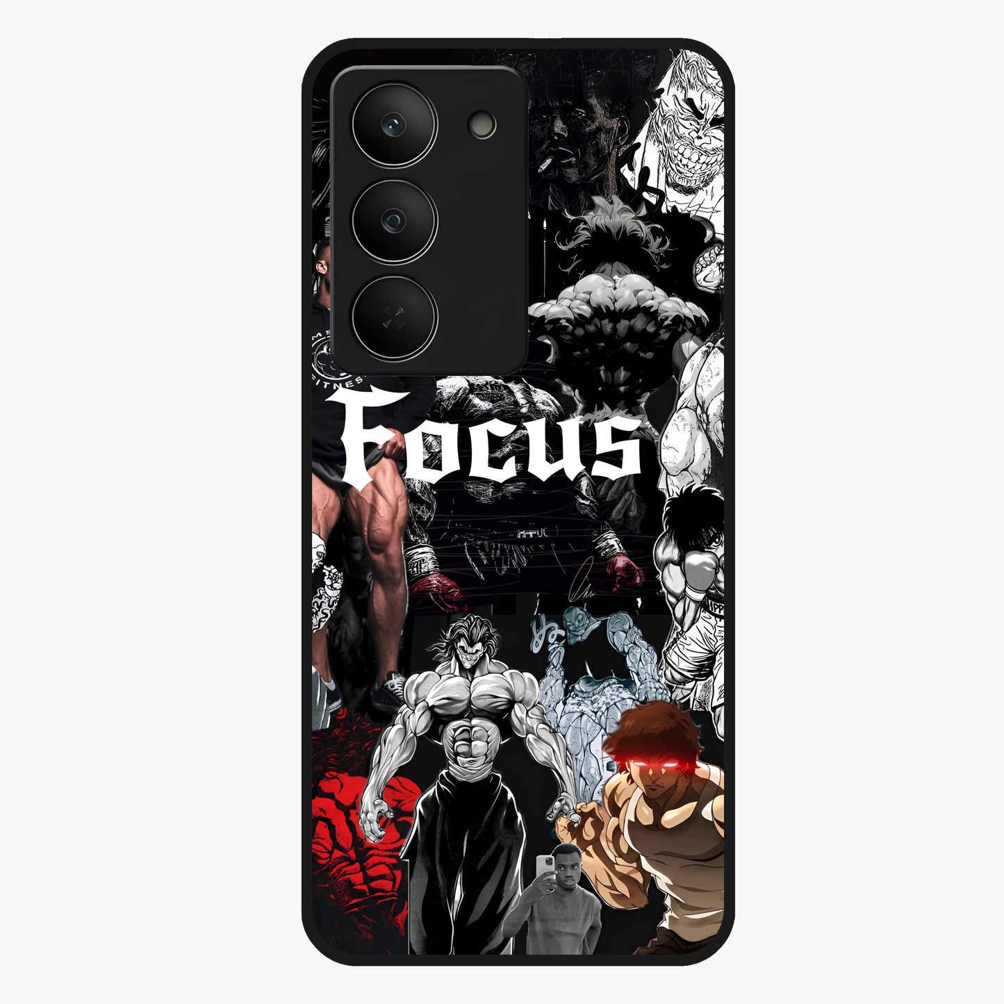 Relentless Power Focus Glass Case showing flat back view with motivational typography artwork and glossy glass finish.
