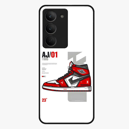 Retro Sneaker Blueprint Glass Case showing flat back view with sneaker blueprint style artwork and glossy glass finish.