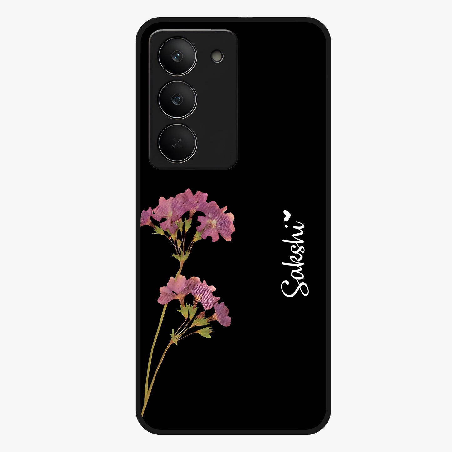 Riching Lavender Flower Custom Name Glass Case showing flat back view with lavender floral artwork and personalized name design.