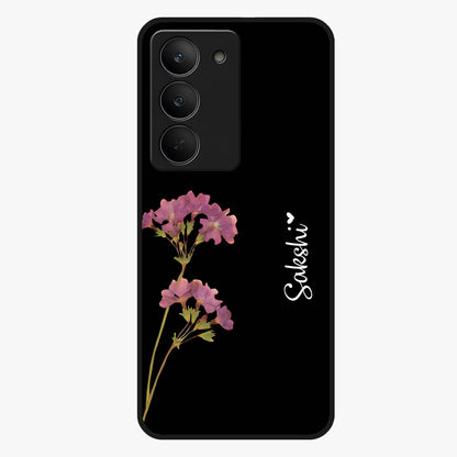 Riching Lavender Flower Custom Name Glass Case showing flat back view with lavender floral artwork and personalized name design.