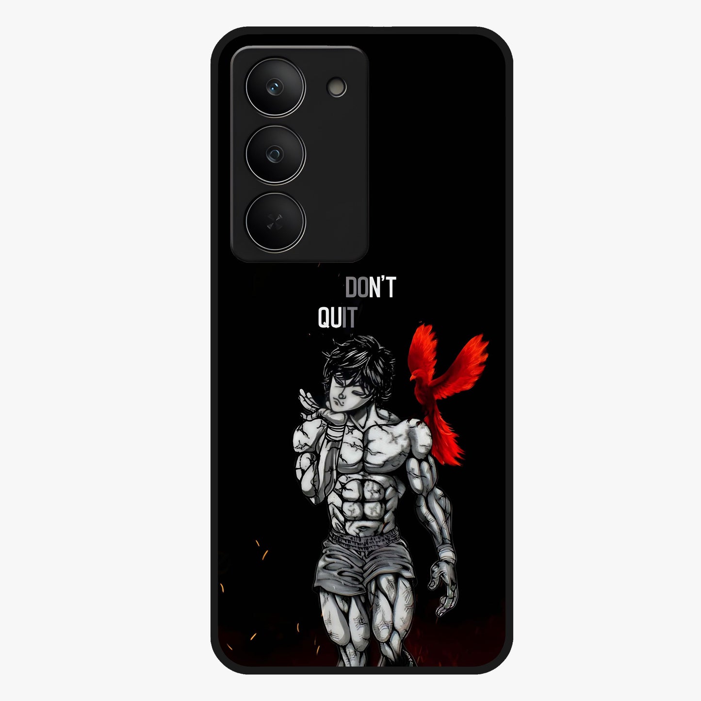 Rise Beyond Limits Glass Case showing flat back view with motivational typography artwork and glossy glass finish.