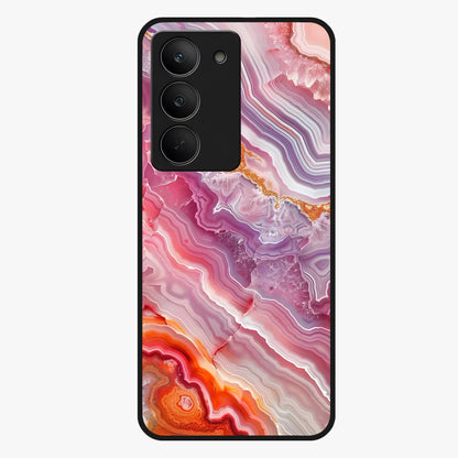 Rose Quartz Marble Glass Case showing flat back view with pink marble quartz texture artwork and glossy glass finish.