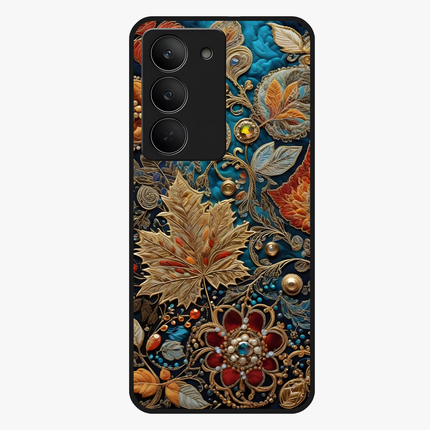 Royal Jewel Garden Glass Case showing flat back view with decorative floral garden artwork and glossy glass finish.