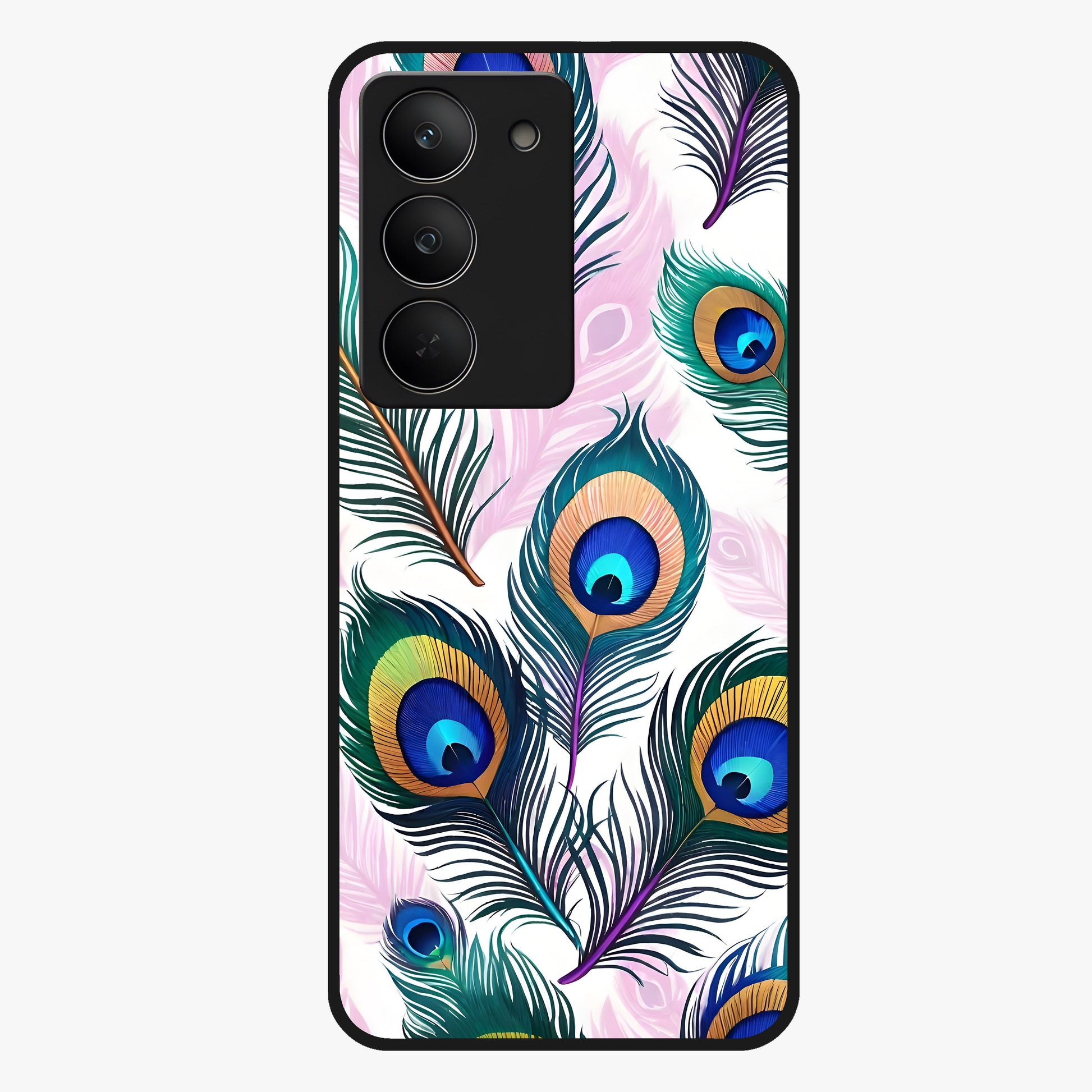 Royal Peacock Feathers Glass Case showing flat back view with colorful peacock feather artwork and glossy glass finish.