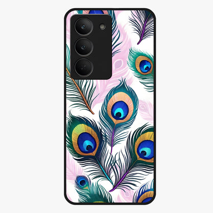 Royal Peacock Feathers Glass Case showing flat back view with colorful peacock feather artwork and glossy glass finish.