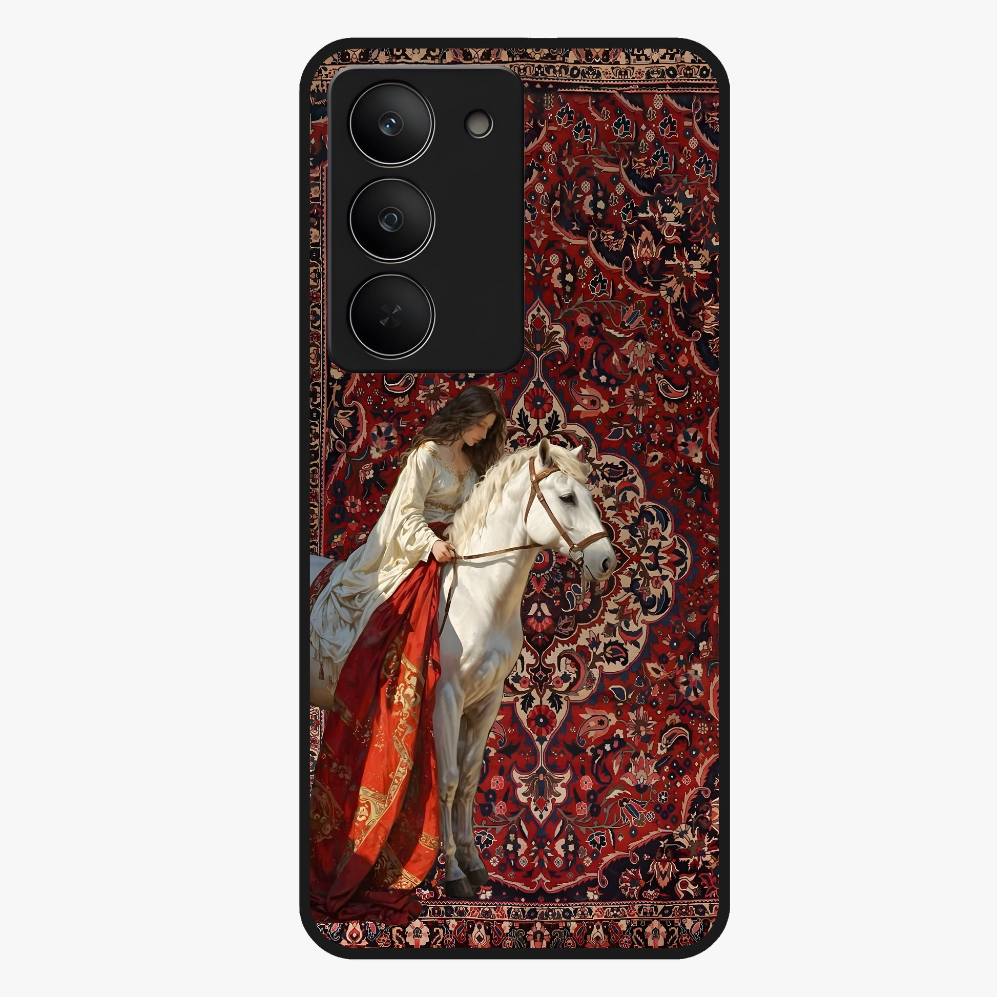 Royal Rider Tapestry Glass Case showing flat back view with majestic horse rider tapestry artwork and glossy glass finish.