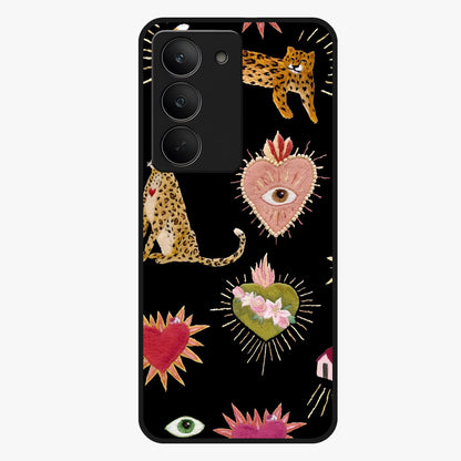 Sacred Jungle Heart Glass Case showing flat back view with jungle inspired heart artwork and glossy glass finish.