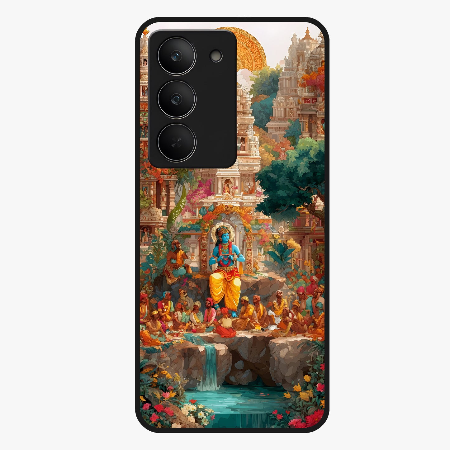 Sacred Sunlight Gods Glass Case showing flat back view with divine sunlight themed artwork and glossy glass finish.