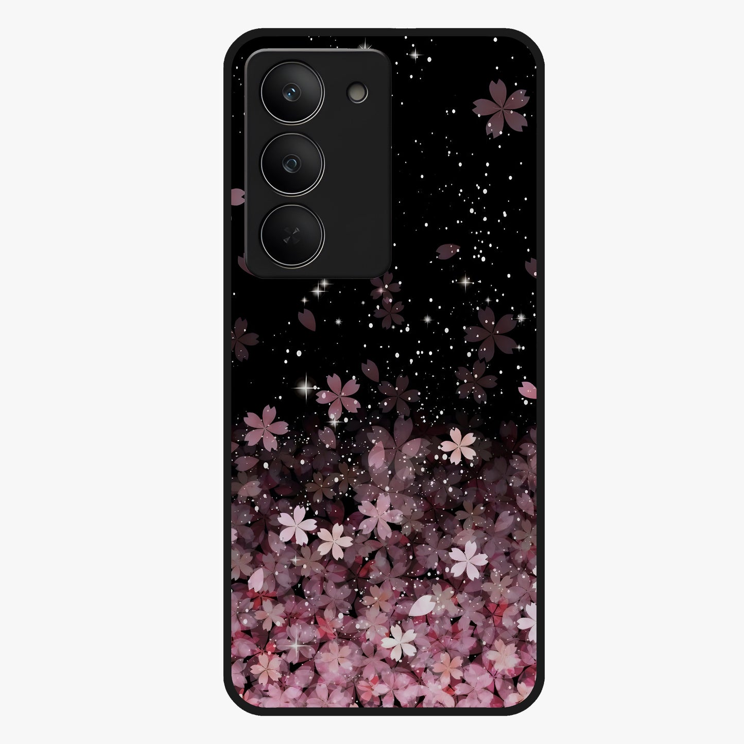 Small Starry Flowers Glass Case showing flat back view with delicate starry floral artwork and glossy glass finish.
