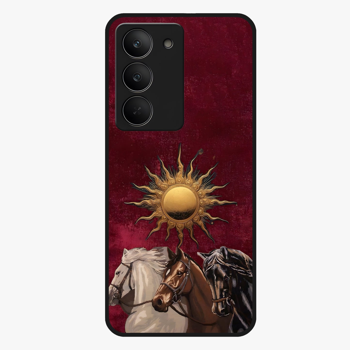 Solar Riders Glass Case showing flat back view with dynamic rider themed artwork and glossy glass finish.