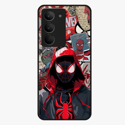 Spider Collage Street Glass Case showing flat back view with vibrant superhero collage artwork and glossy glass finish.