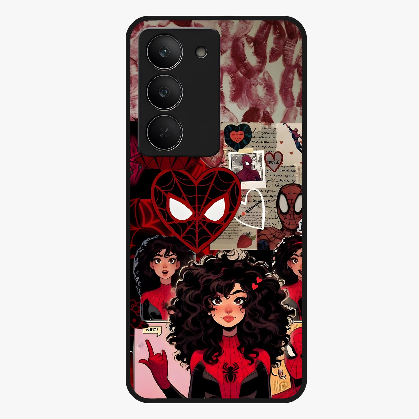 Spider Love Story Glass Case showing flat back view with romantic superhero themed artwork and glossy glass finish.