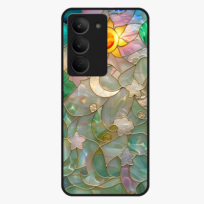 Stained Sunrise Glow Glass Case showing flat back view with glowing sunrise stained pattern artwork and glossy glass finish.