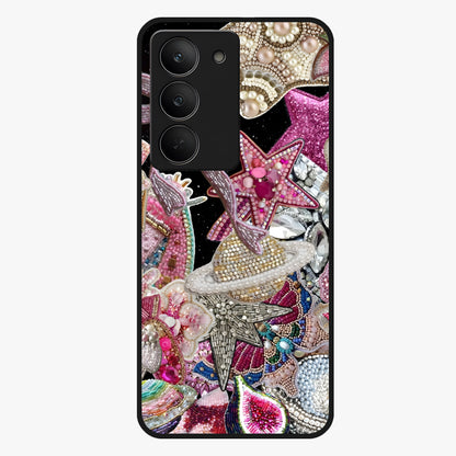 Starlit Jewel Dream Glass Case showing flat back view with sparkling jewel and star themed artwork and glossy glass finish.