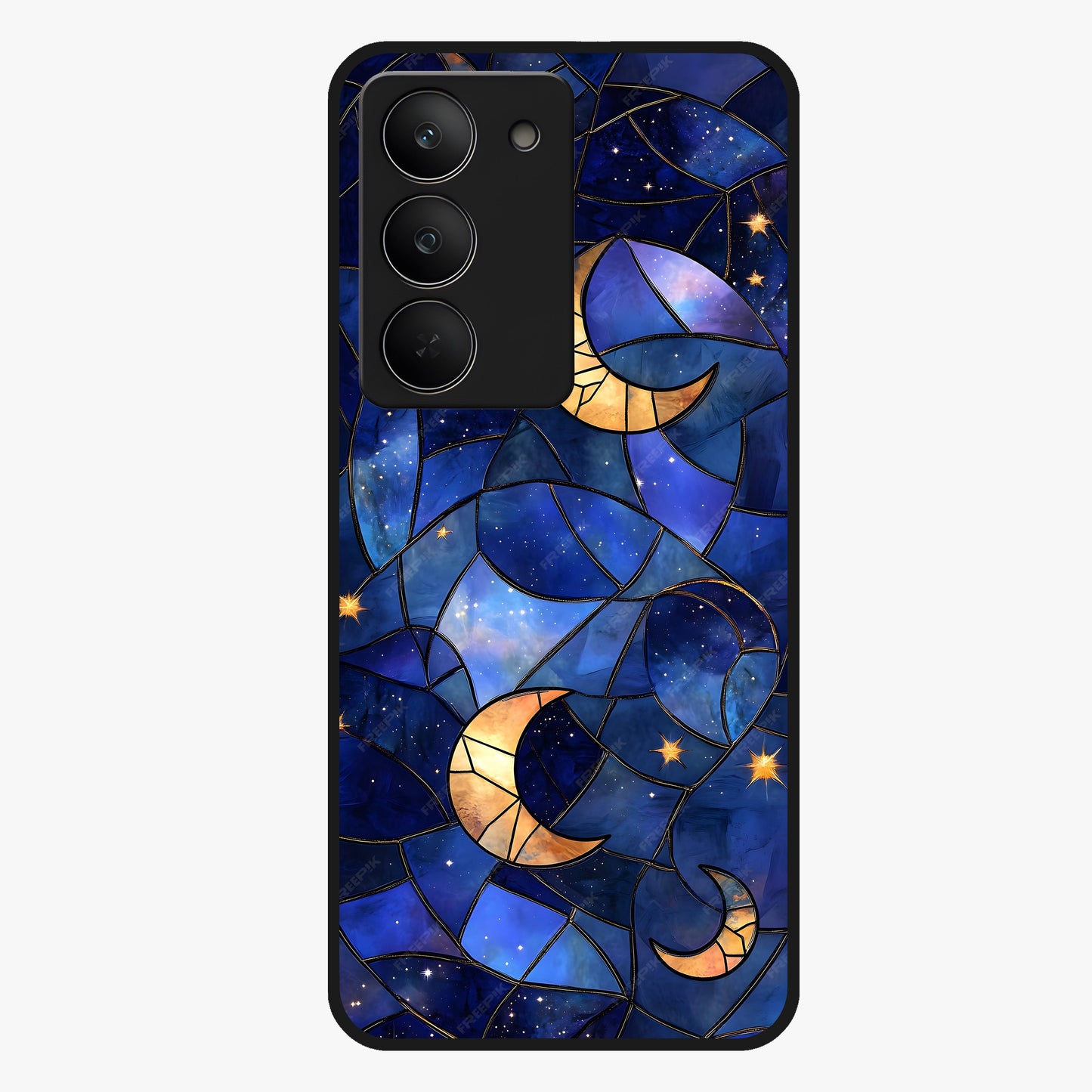 Starlit Sky Tapestry Glass Case showing flat back view with decorative starry sky tapestry artwork and glossy glass finish.