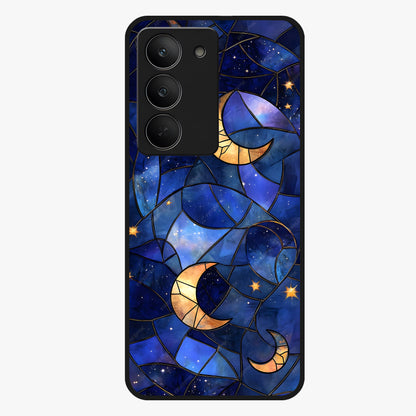 Starlit Sky Tapestry Glass Case showing flat back view with decorative starry sky tapestry artwork and glossy glass finish.