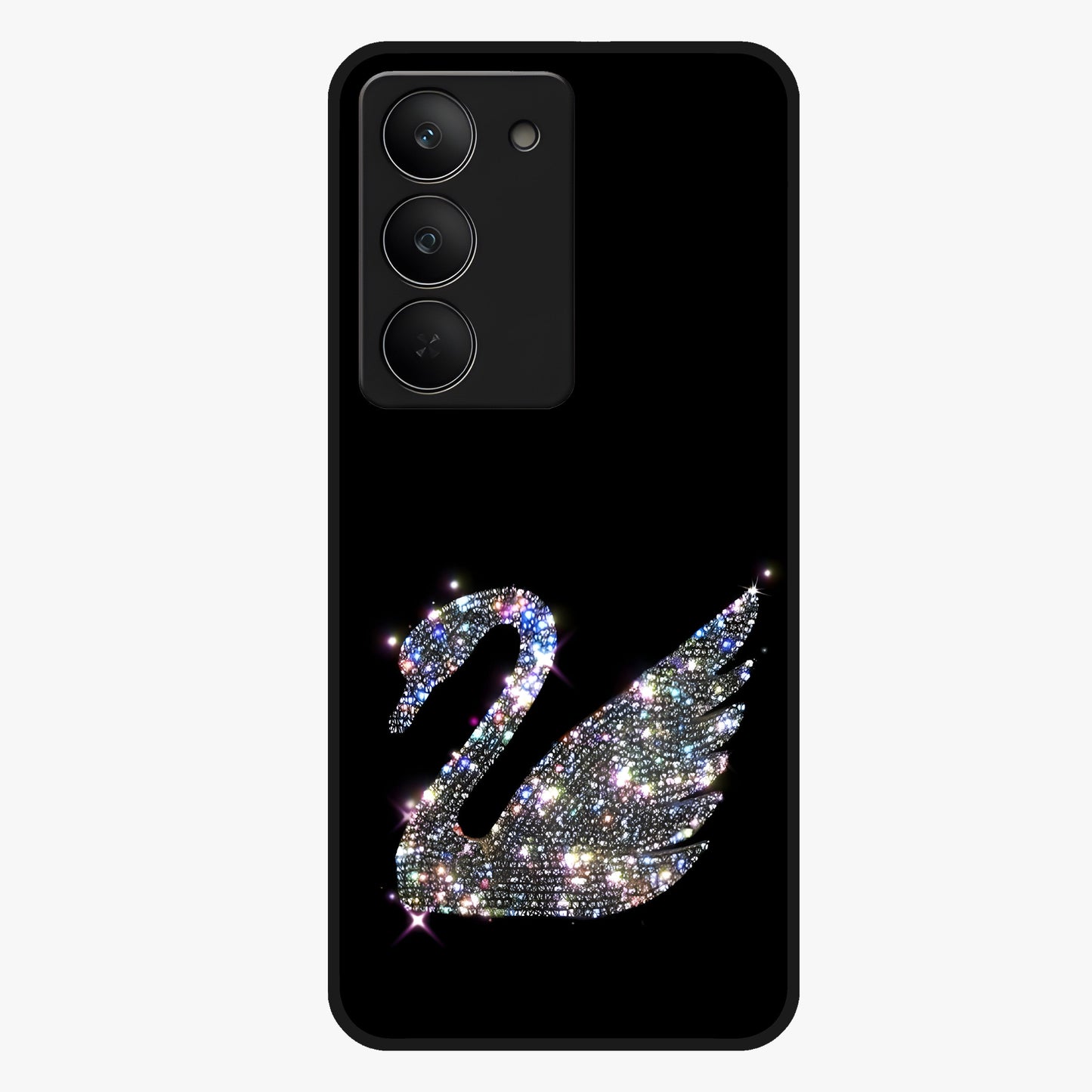 Starlit Swan Grace Glass Case showing flat back view with graceful swan artwork under starry sky and glossy glass finish.