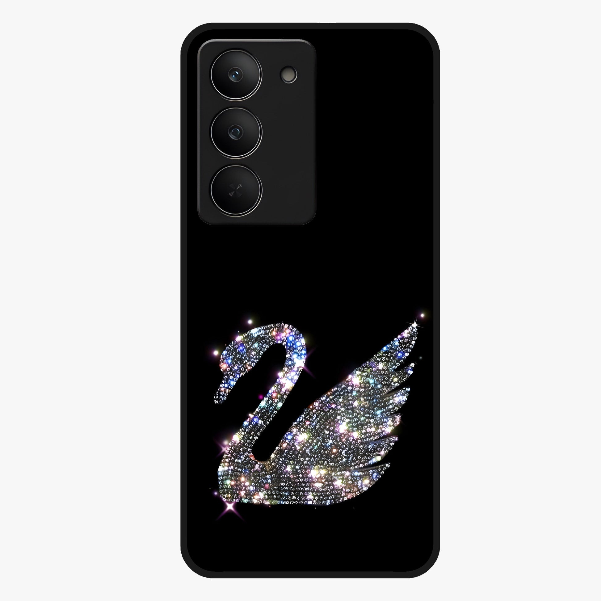 Starlit Swan Grace Glass Case showing flat back view with graceful swan artwork under starry sky and glossy glass finish.