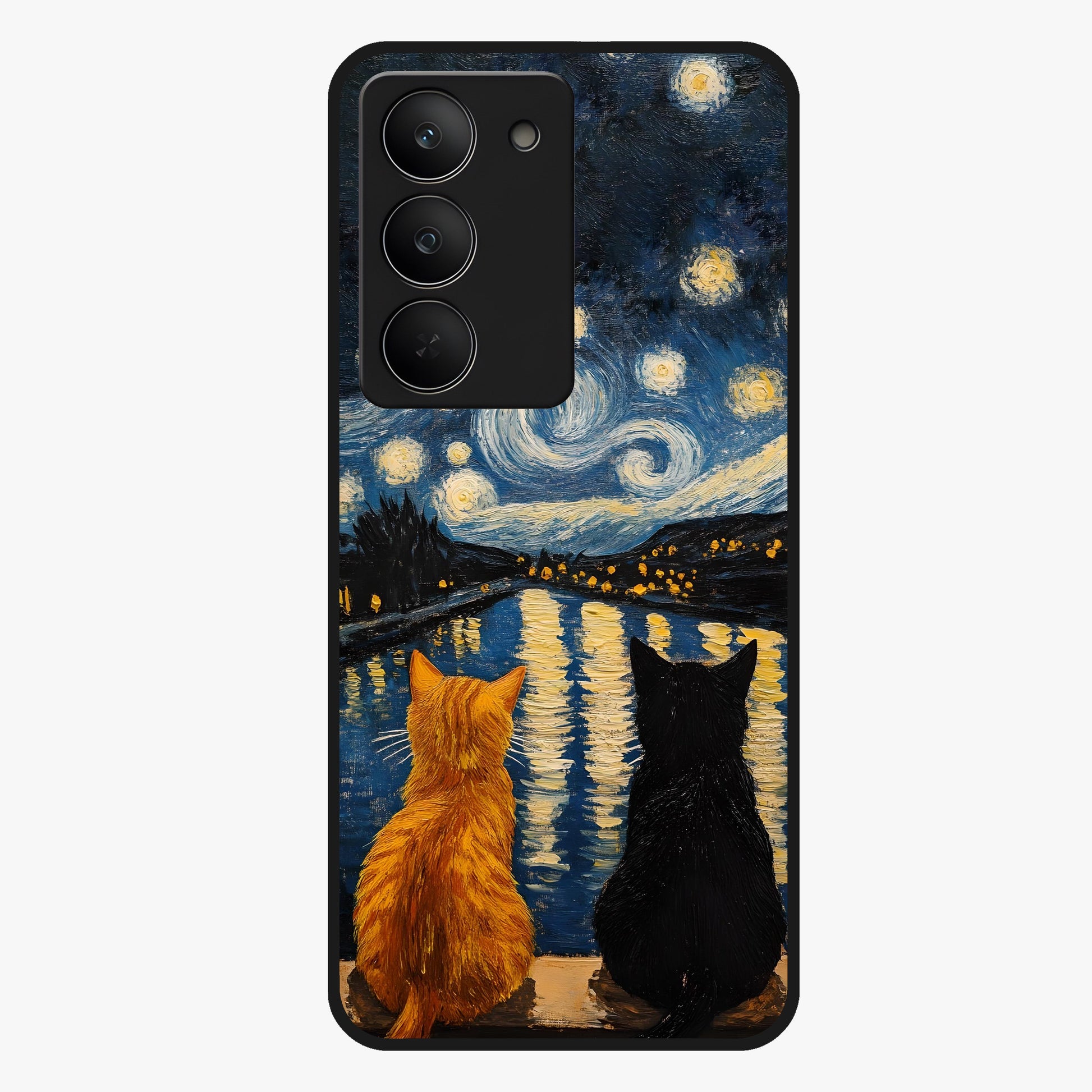 Starry River Cats Glass Case showing flat back view with cats by a starry river artwork and glossy glass finish.