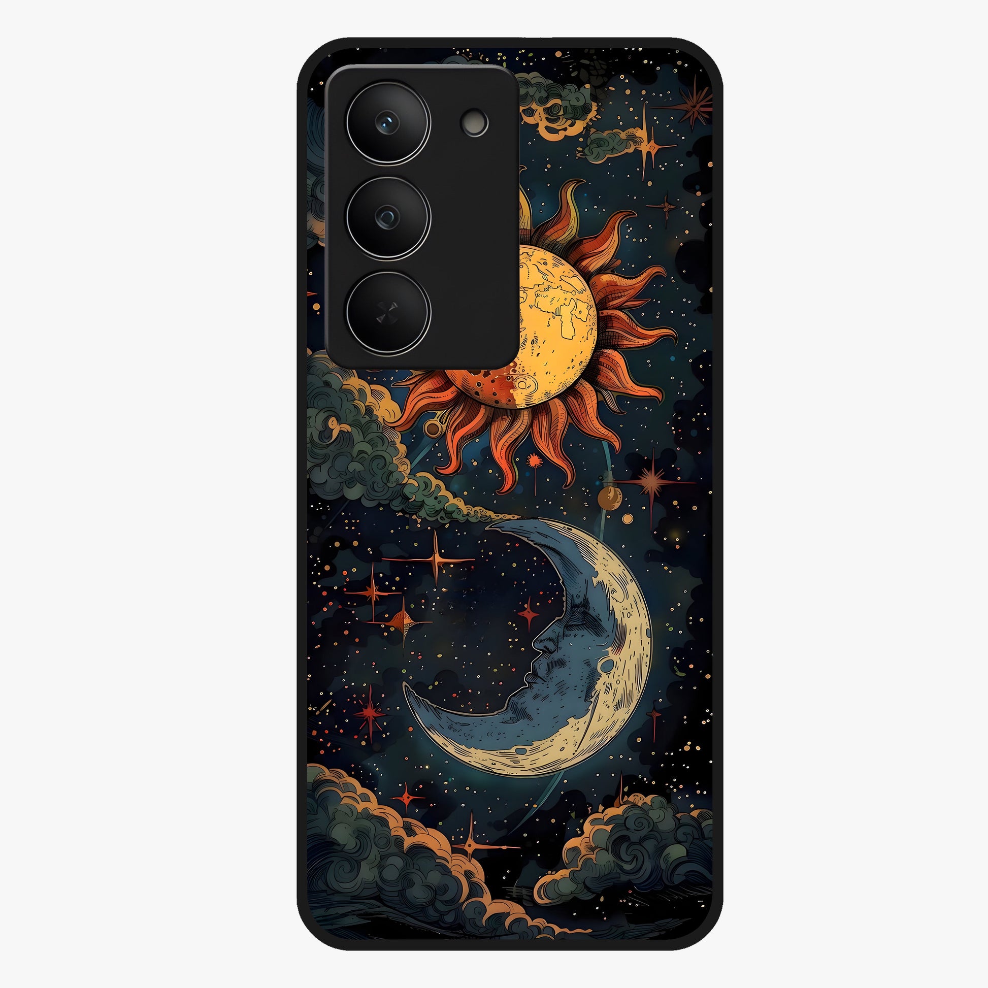 Sun And Moon Magic Design Glass Case showing flat back view with mystical sun and moon artwork and glossy glass finish.