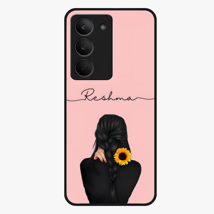 Sunflower Braid Beauty With Custom Name Glass Case showing flat back view with sunflower braid artwork and personalized name design.