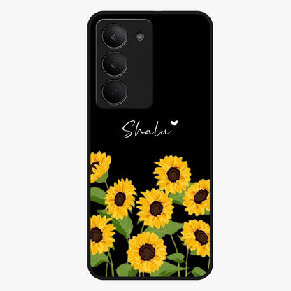 Sunflower Chic Mood Custom Name Glass Case showing flat back view with stylish sunflower artwork and personalized name design.