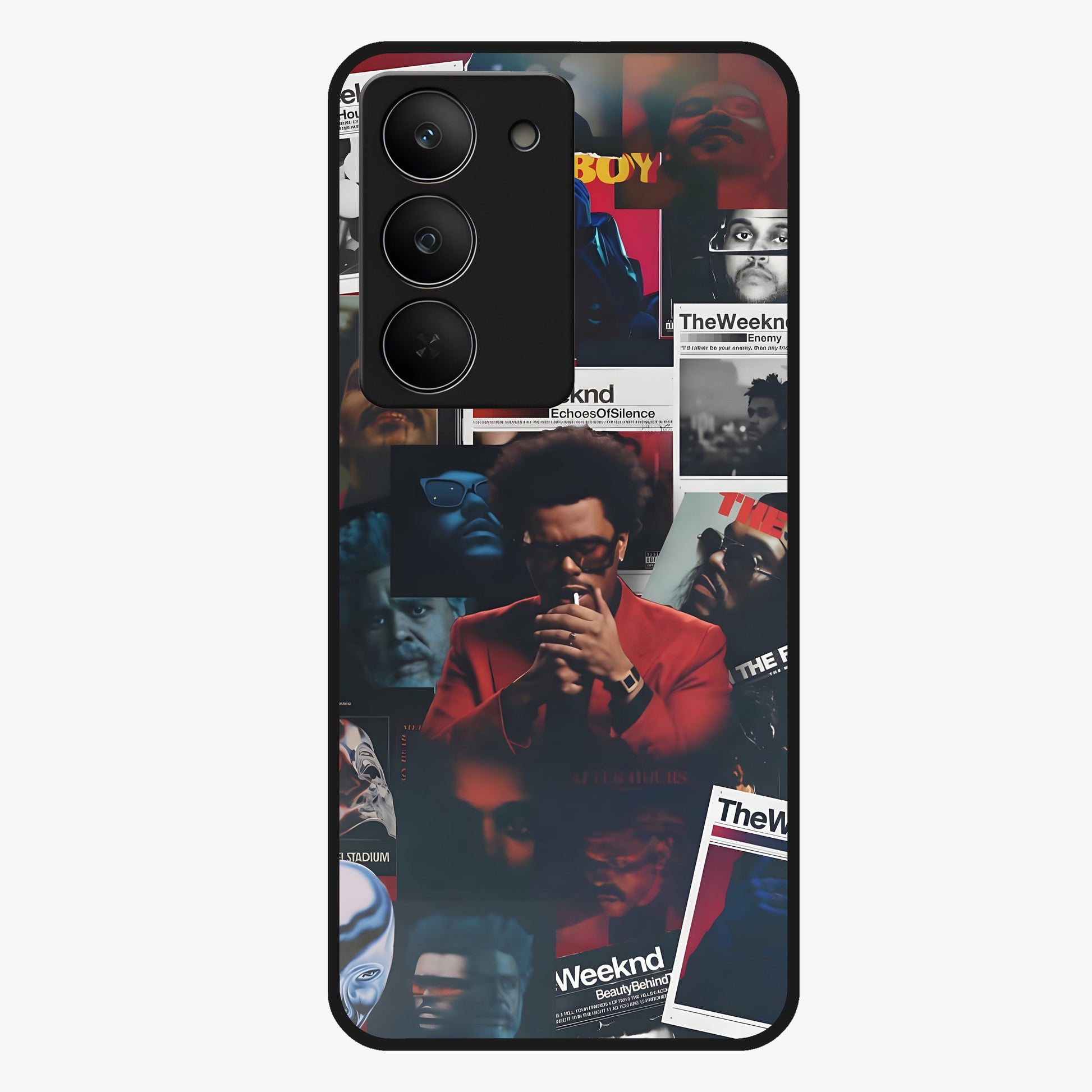 The Weeknd Glass Case showing flat back view with music inspired artistic portrait artwork and glossy glass finish.