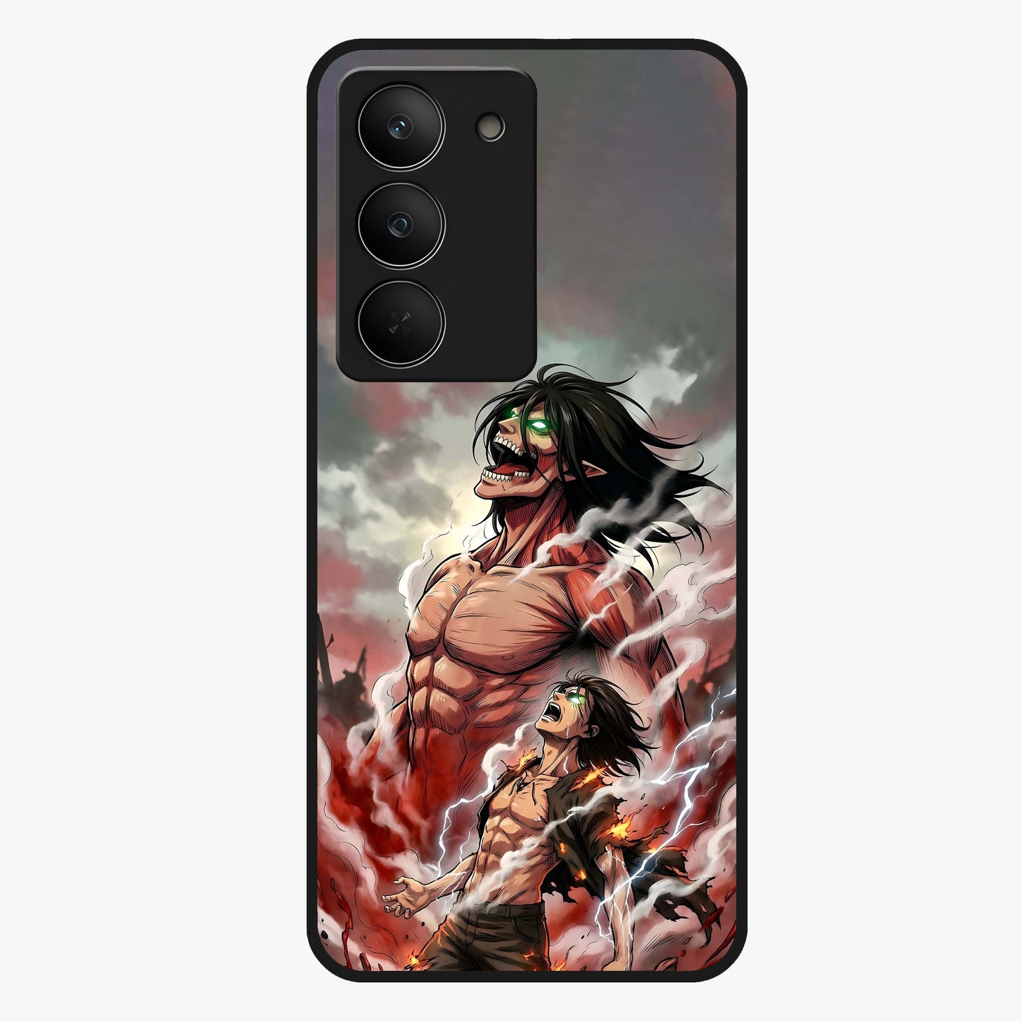 Titan Awakening Fury Glass Case showing flat back view with powerful titan inspired artwork and glossy glass finish.