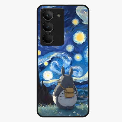 Totoro In Van Gogh Art Glass Case showing flat back view with whimsical character artwork inspired by Van Gogh style and glossy glass finish.