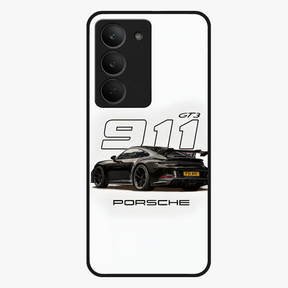 Turbo Legacy Icon Glass Case showing flat back view with iconic sports car inspired artwork and glossy glass finish.