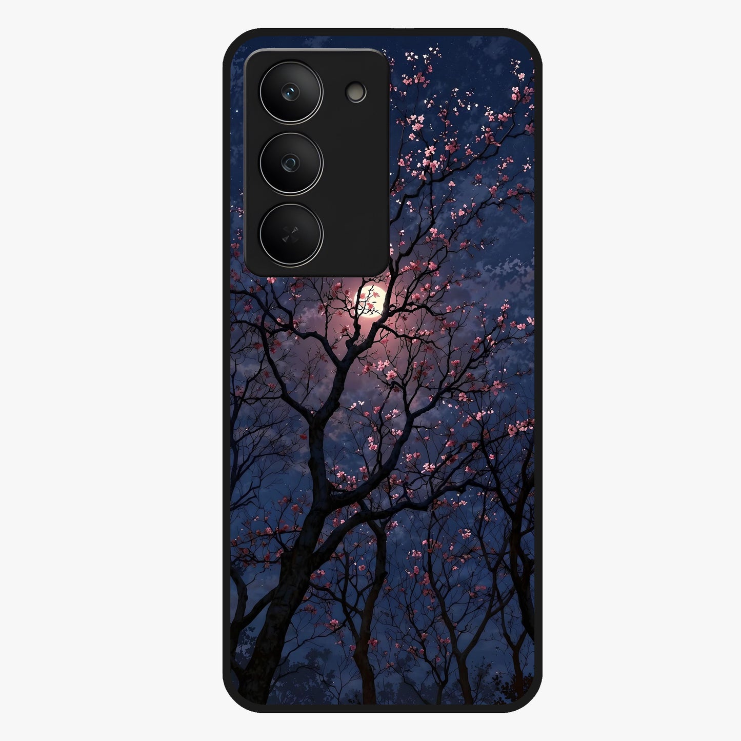 Twilight Sakura Serenade Glass Case showing flat back view with cherry blossom artwork at twilight and glossy glass finish.