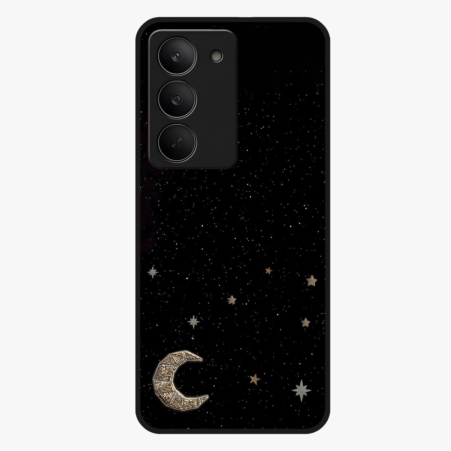 Twinkle Star With Half Moon Glass Case showing flat back view with star and half moon artwork and glossy glass finish.