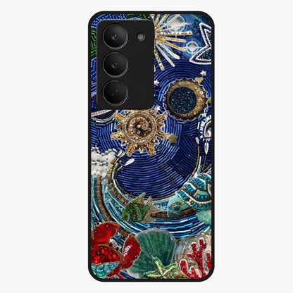 Universe Underwater Spark Glass Case showing flat back view with cosmic underwater themed artwork and glossy glass finish.