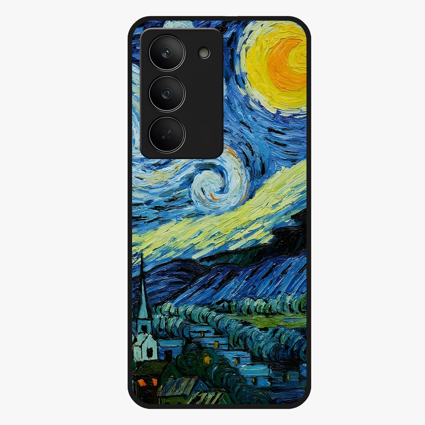 Van Gogh Art Glass Case showing flat back view with classic painterly artwork inspired by Van Gogh style and glossy glass finish.