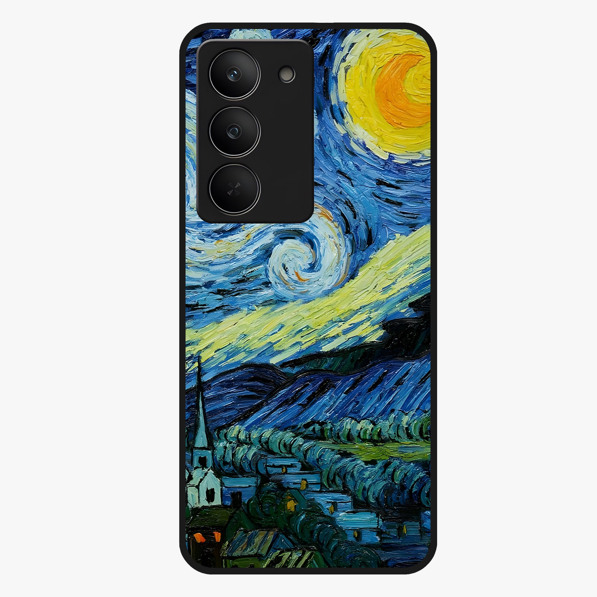 Van Gogh Art Glass Case showing flat back view with classic painterly artwork inspired by Van Gogh style and glossy glass finish.