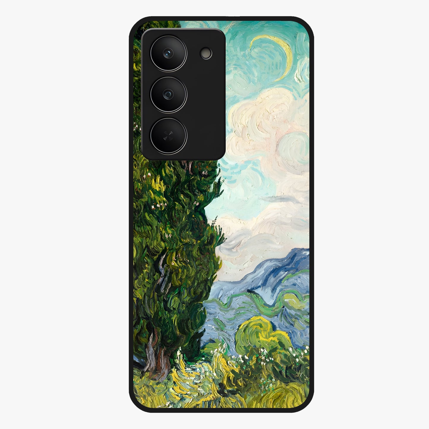 Van Gogh Vintage Art Glass Case showing flat back view with vintage painterly artwork inspired by Van Gogh style and glossy glass finish.