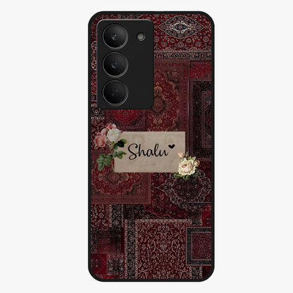 Velvet Wine Pattern Custom Name Glass Case showing flat back view with elegant wine colored pattern artwork and personalized name design.