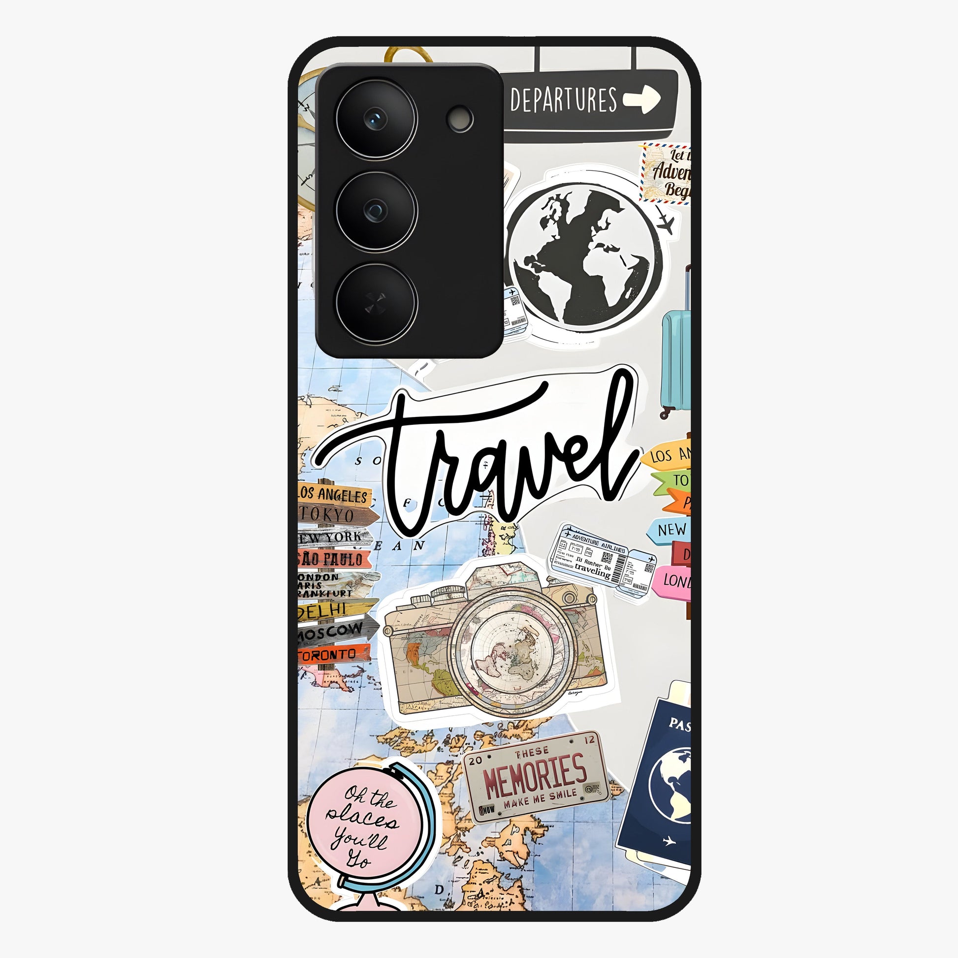 Wanderlust Journal Glass Case showing flat back view with travel inspired artwork and glossy glass finish.