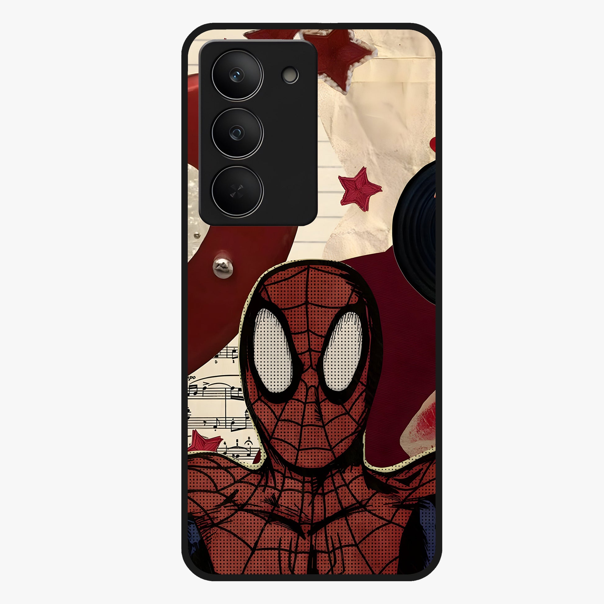 Web Warrior Vibes Glass Case showing flat back view with superhero inspired web themed artwork and glossy glass finish.