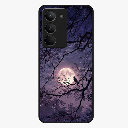 Whispering Moon Silence Glass Case showing flat back view with serene moon themed artwork and glossy glass finish.