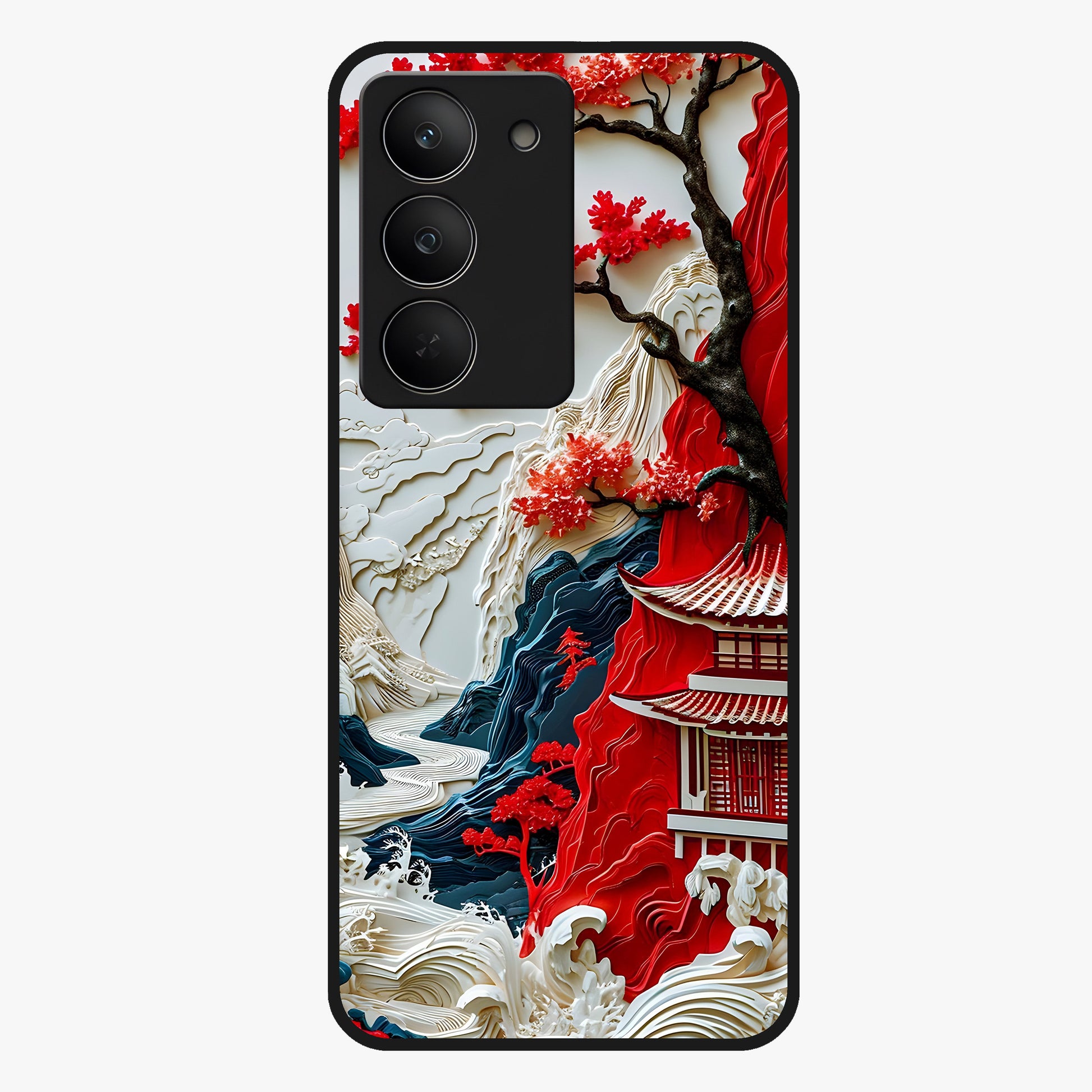 Whispers Of Sakura Waves Glass Case showing flat back view with cherry blossom wave artwork and glossy glass finish.