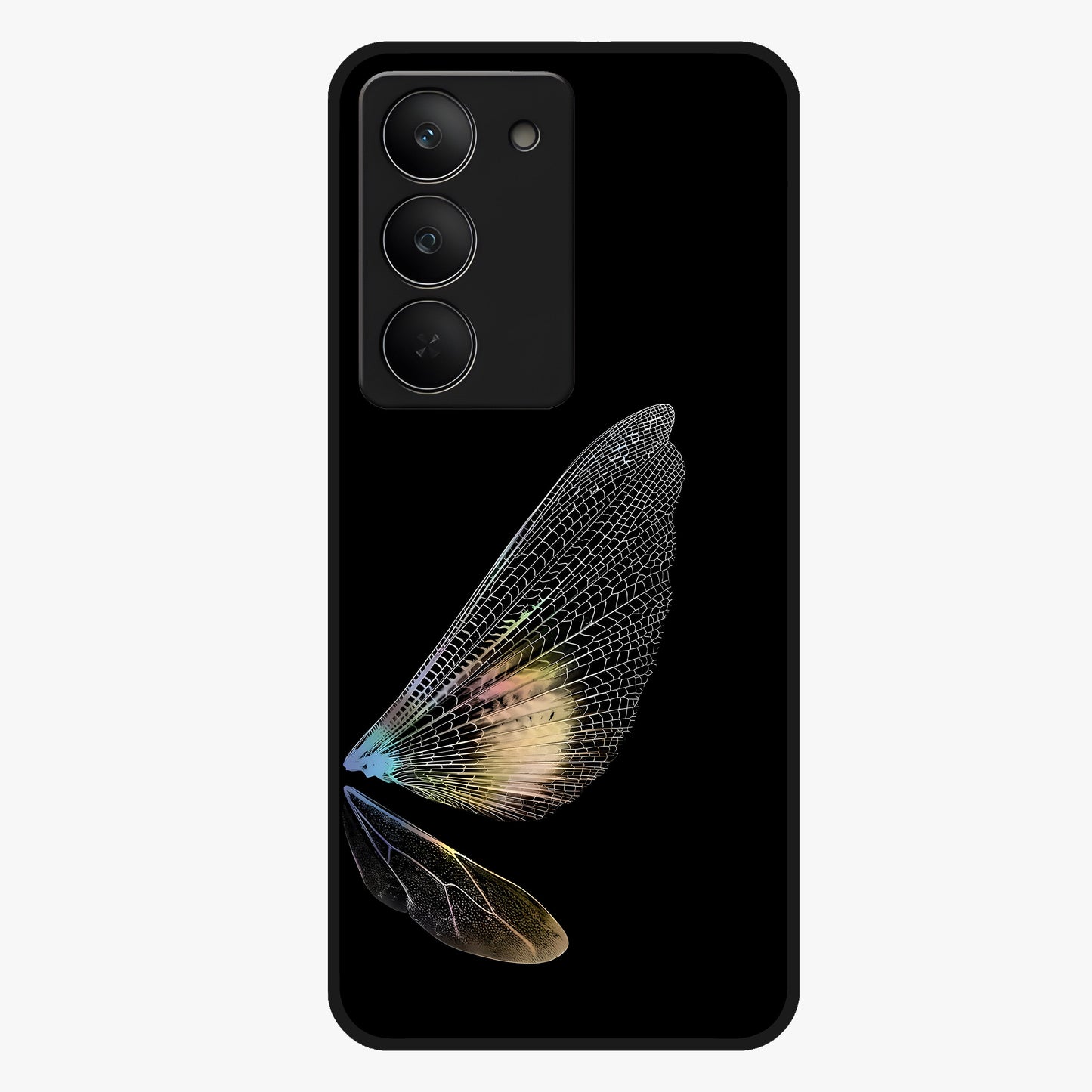 Whispers Of Wings Glass Case showing flat back view with graceful wing inspired artwork and glossy glass finish.