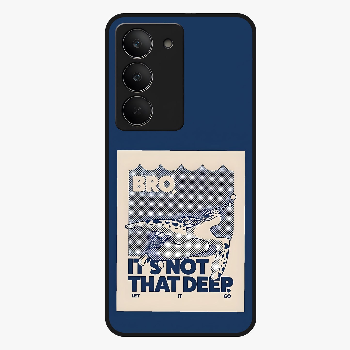 Worry Less Swim Glass Case showing flat back view with playful motivational artwork and glossy glass finish.