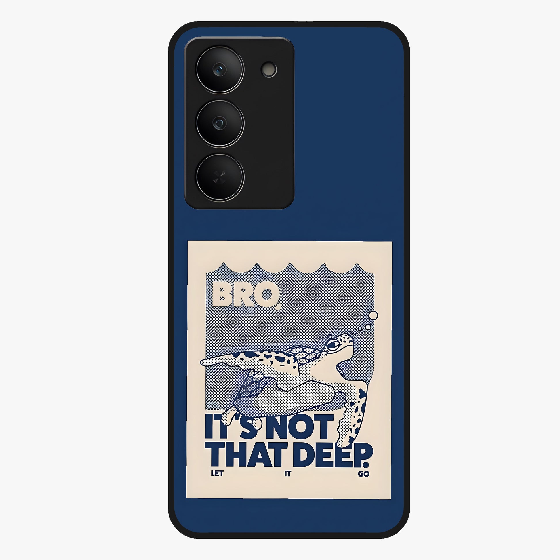 Worry Less Swim Glass Case showing flat back view with playful motivational artwork and glossy glass finish.