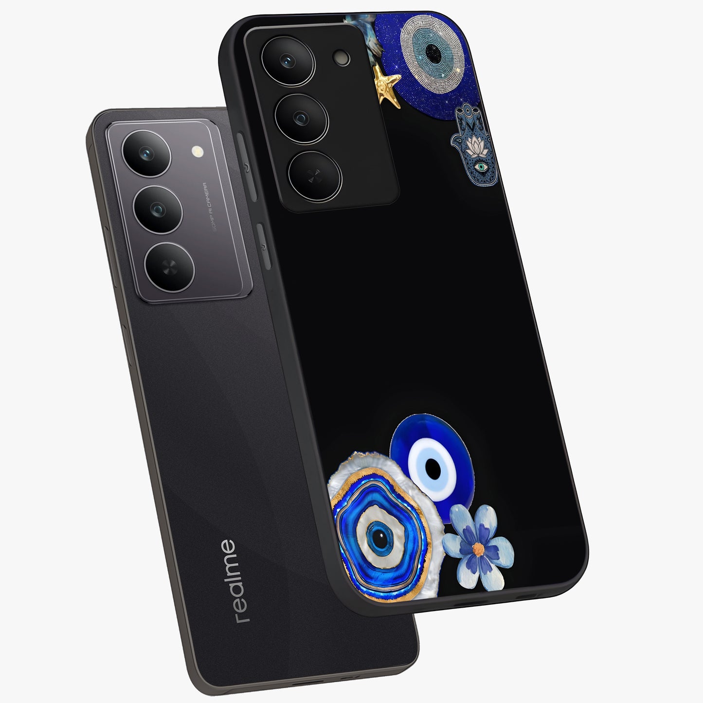 Aesthetic Blue Evil Eye Glass Case displayed in angled mockup highlighting blue evil eye symbol and spiritual aesthetic design.