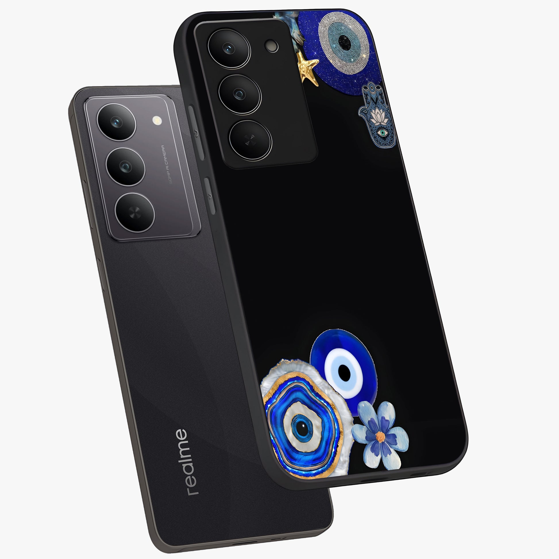Aesthetic Blue Evil Eye Glass Case displayed in angled mockup highlighting blue evil eye symbol and spiritual aesthetic design.