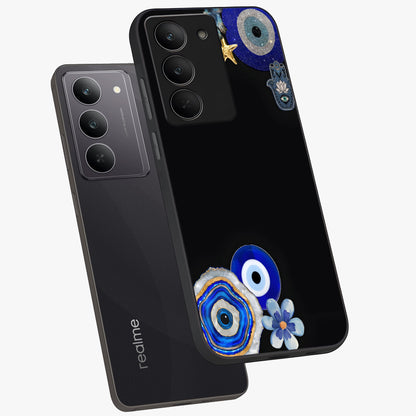 Aesthetic Blue Evil Eye Glass Case displayed in angled mockup highlighting blue evil eye symbol and spiritual aesthetic design.